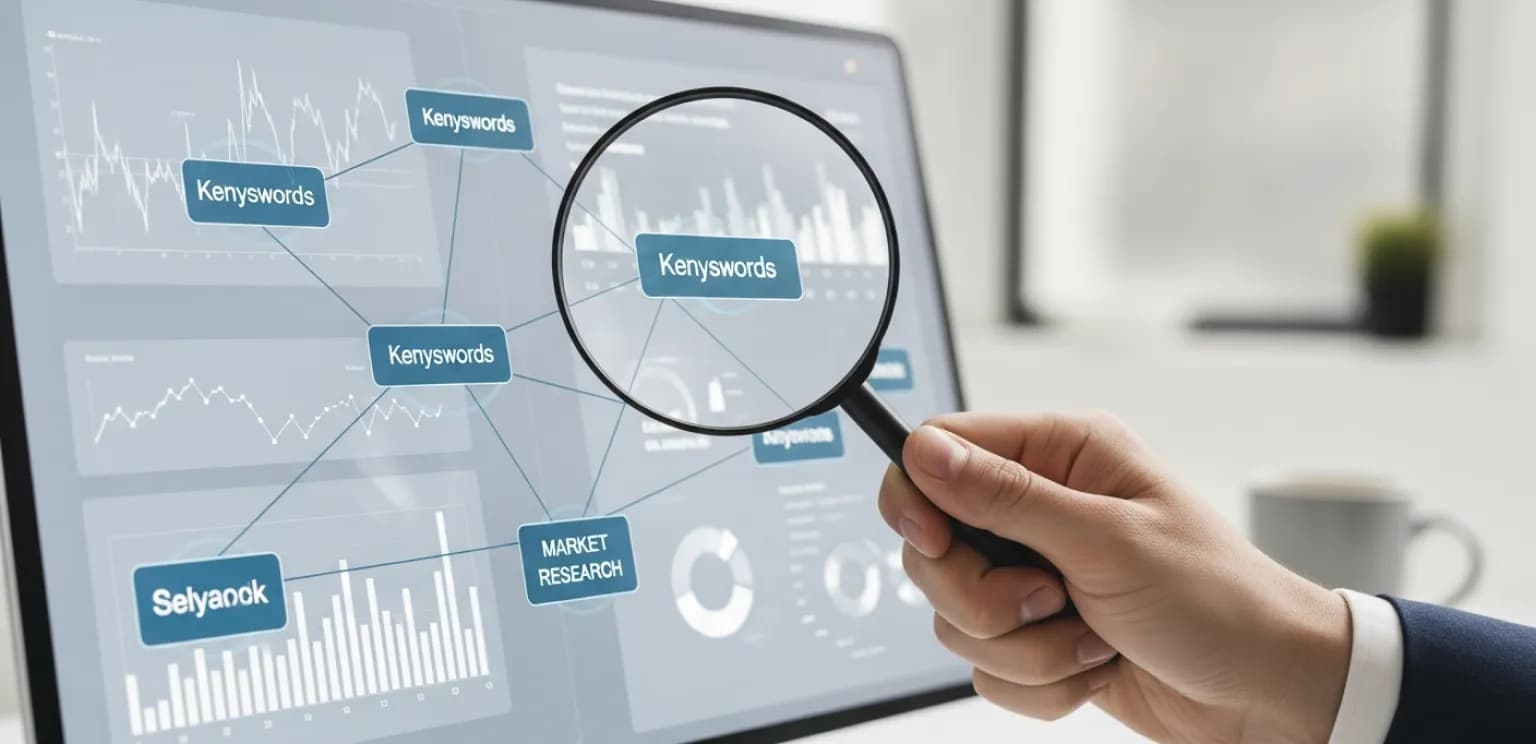 Hand holding magnifying glass over a screen with keywords and data points, symbolizing keyword research