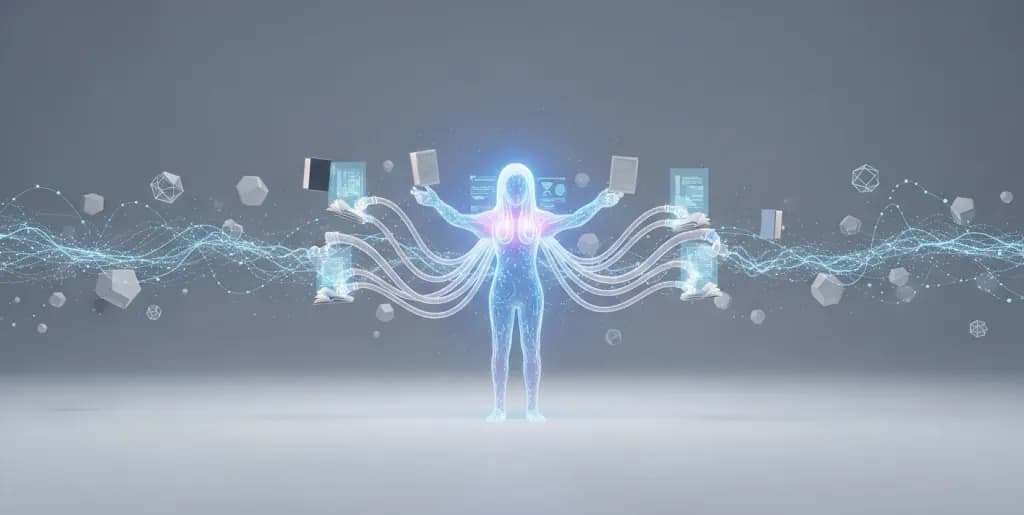 Abstract AI entity as a futuristic librarian organizing digital information and holographic knowledge