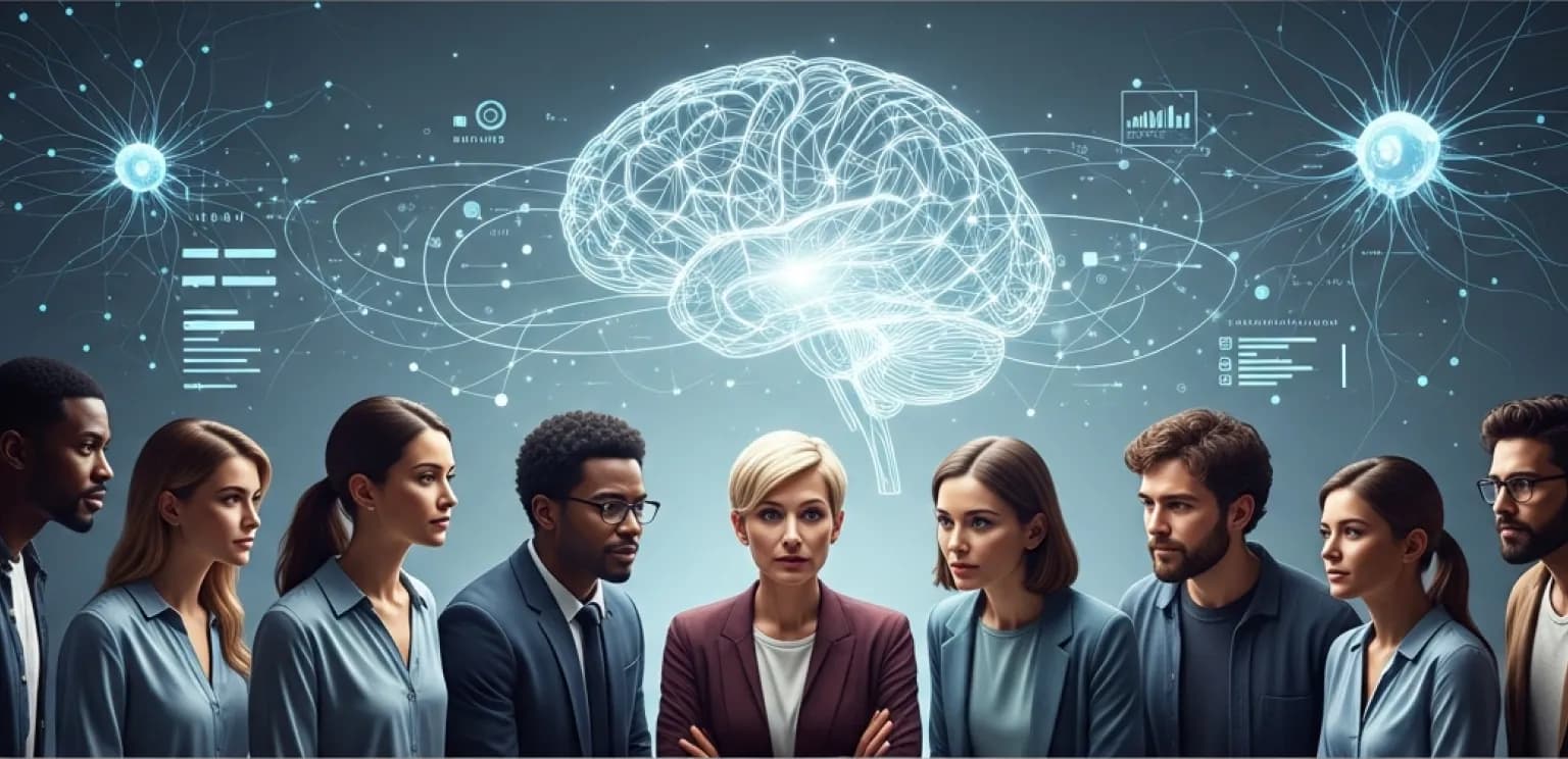 Diverse group of people analyzing a glowing brain, symbolizing understanding user intent with AI