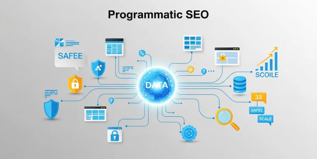 An illustration showing the interconnected tools for programmatic SEO, with data flowing between database, CMS, and indexing platforms
