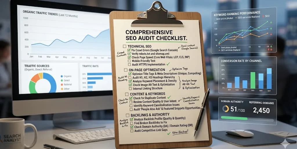 A clipboard with an SEO audit checklist, surrounded by analytics charts and ranking indicators