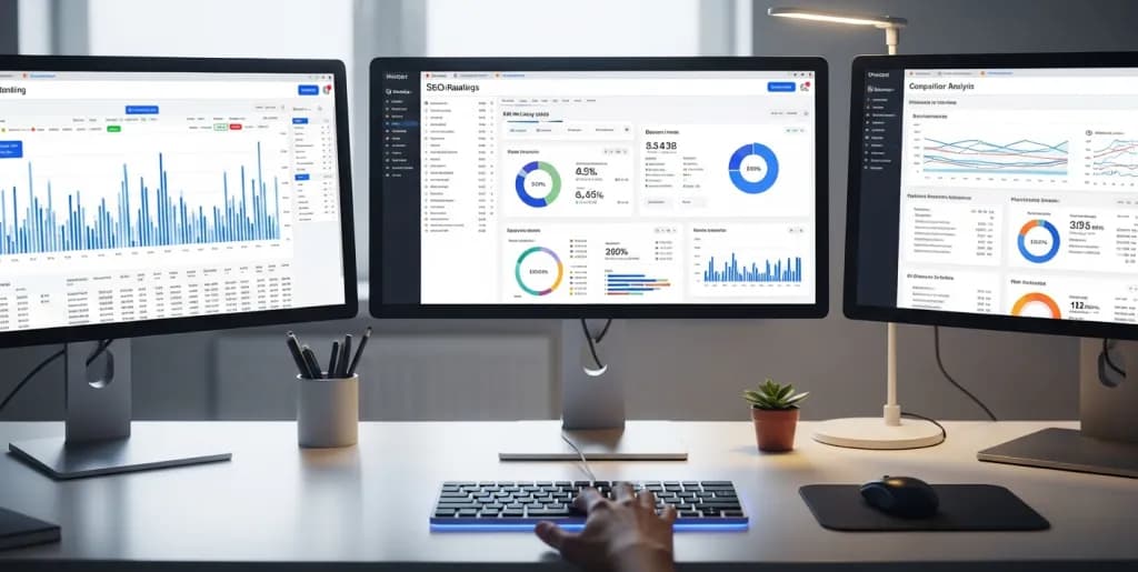 A sleek office desk with multiple monitors showing automated SEO reports, data visualizations, and performance dashboards