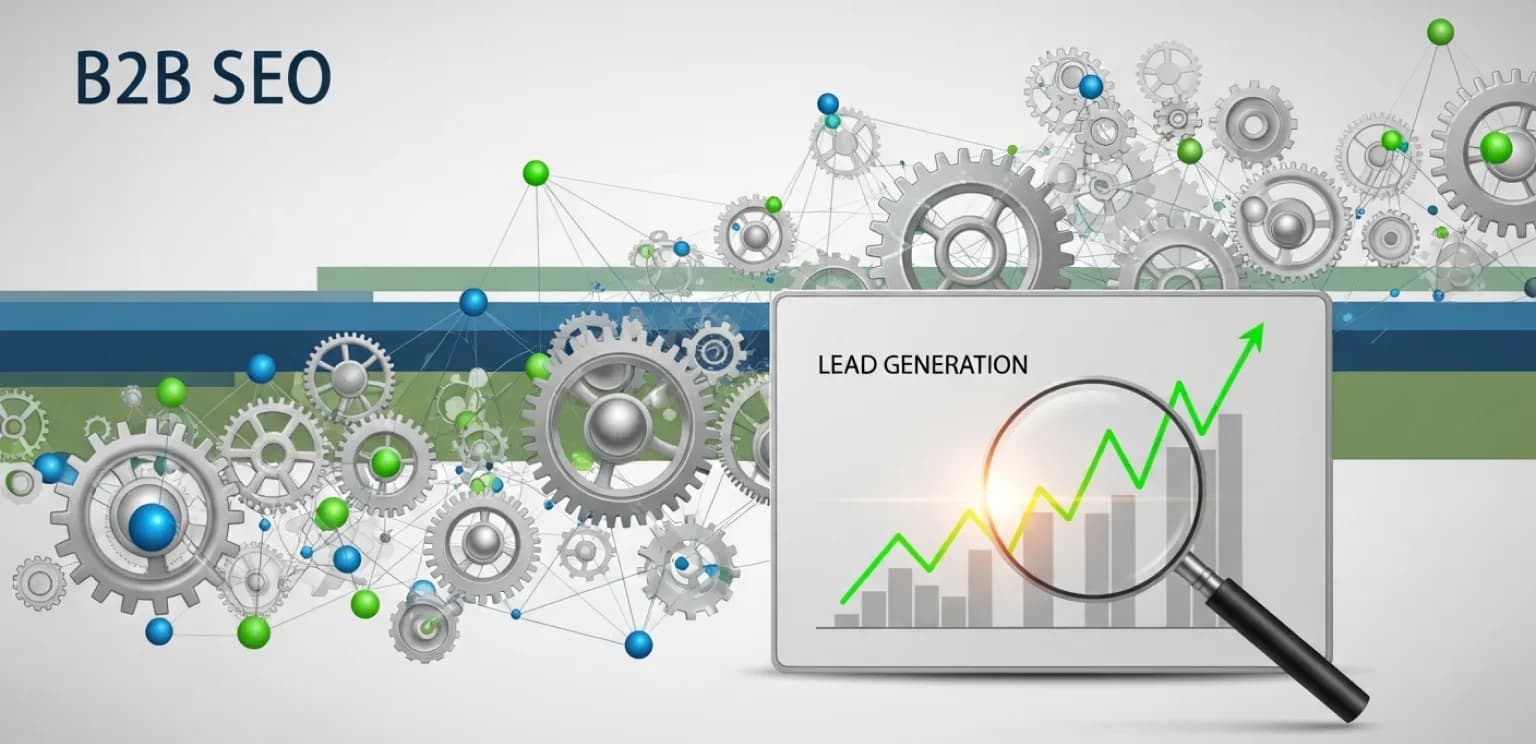 Strategic gears and data points illustrating B2B SEO complexities and lead generation growth