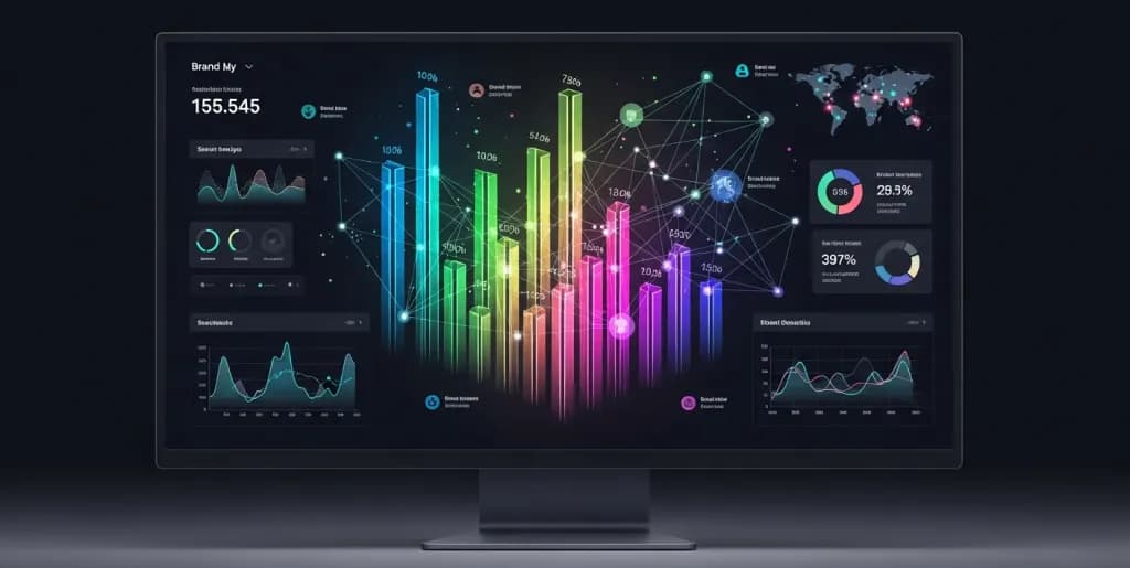 Digital dashboard displaying brand visibility metrics and network graphs on a monitor