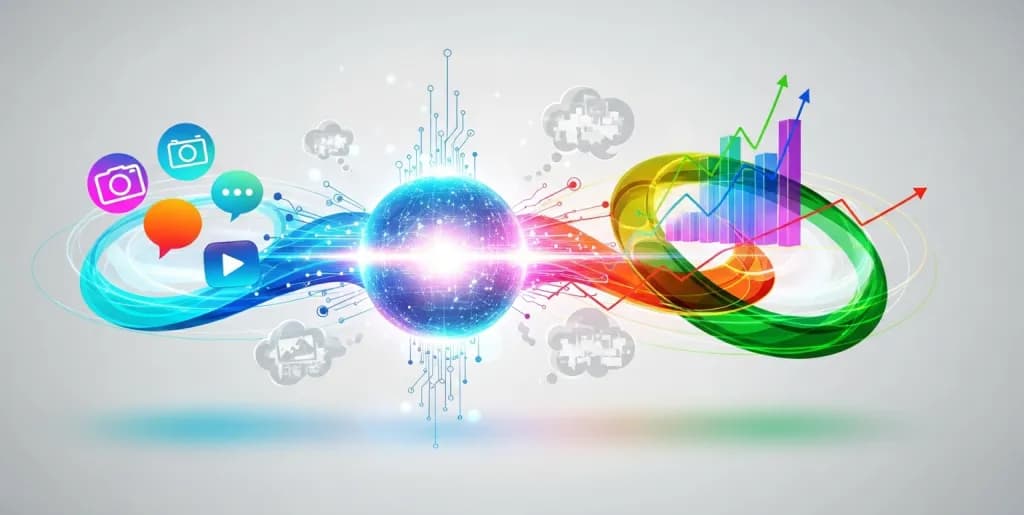 Abstract illustration of a glowing orb representing brand vibe, surrounded by marketing elements and subtle AI patterns.