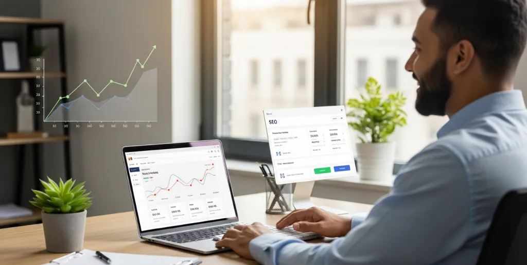 Confident small business owner reviewing an intuitive SEO dashboard on a laptop, symbolizing efficient online growth