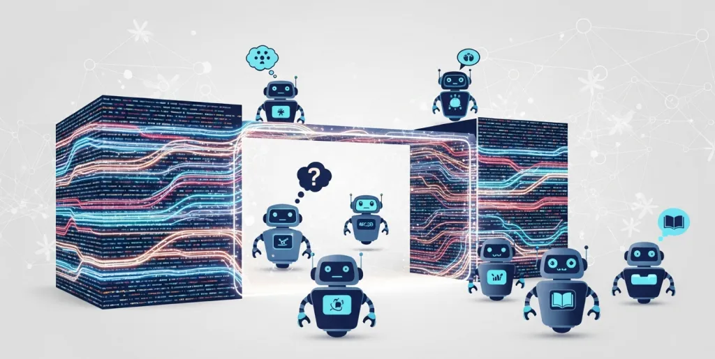 Digital firewall with AI bot icons, illustrating access control for website content using code directives.