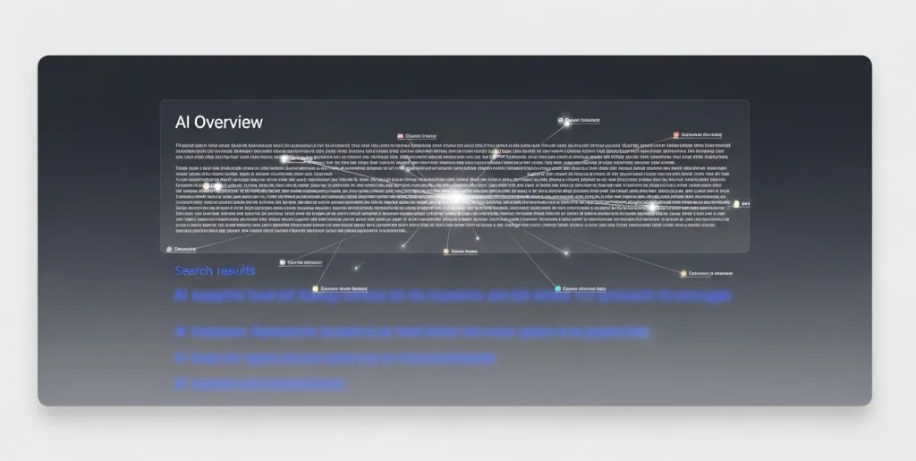 AI-generated search overview pushing down traditional organic results on a digital screen