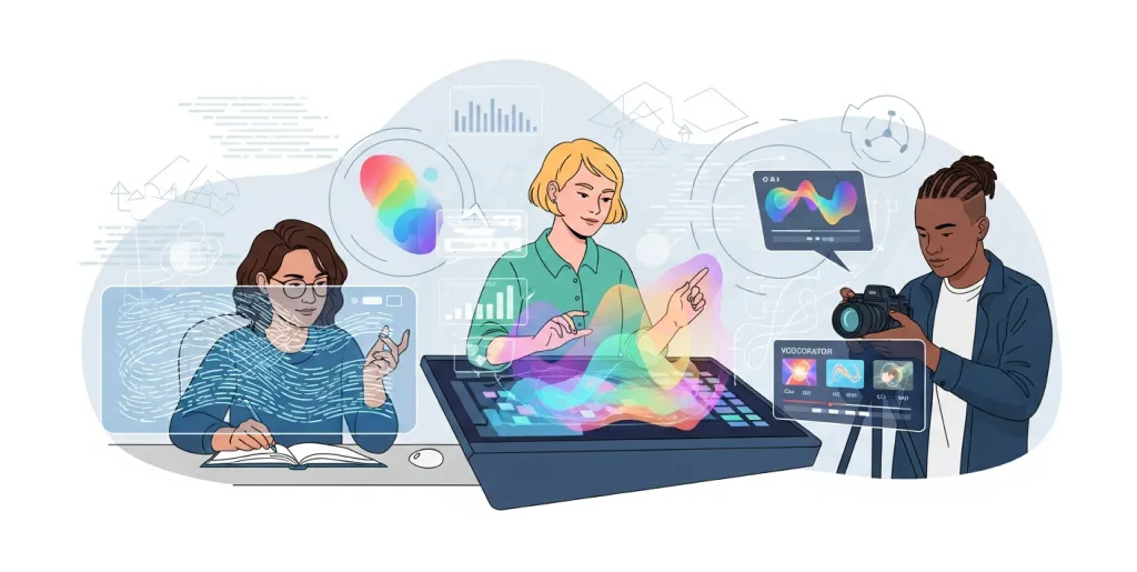 Diverse creators collaborating seamlessly with AI interfaces, symbolizing enhanced human creativity through technology.