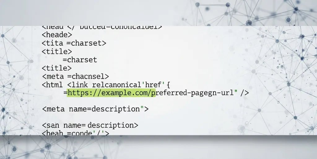 A visual representation of a canonical tag in HTML, illustrating its placement in web page code