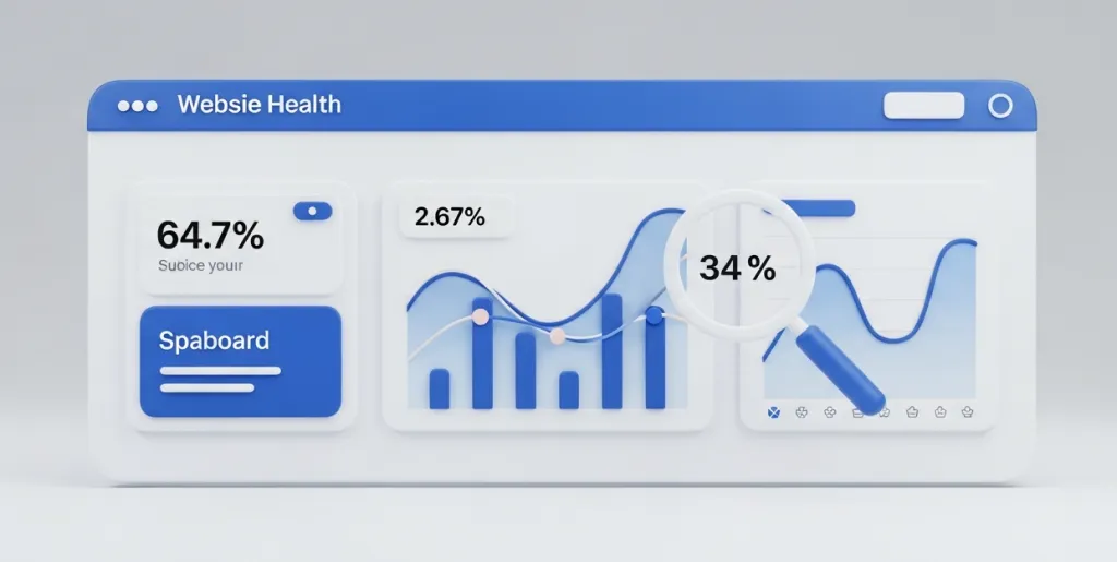 Digital dashboard with website health metrics and a magnifying glass symbolizing technical SEO analysis and indexing