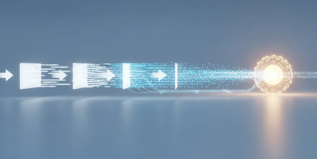 Abstract 3D visualization of text blocks converting into vector arrays for AI processing