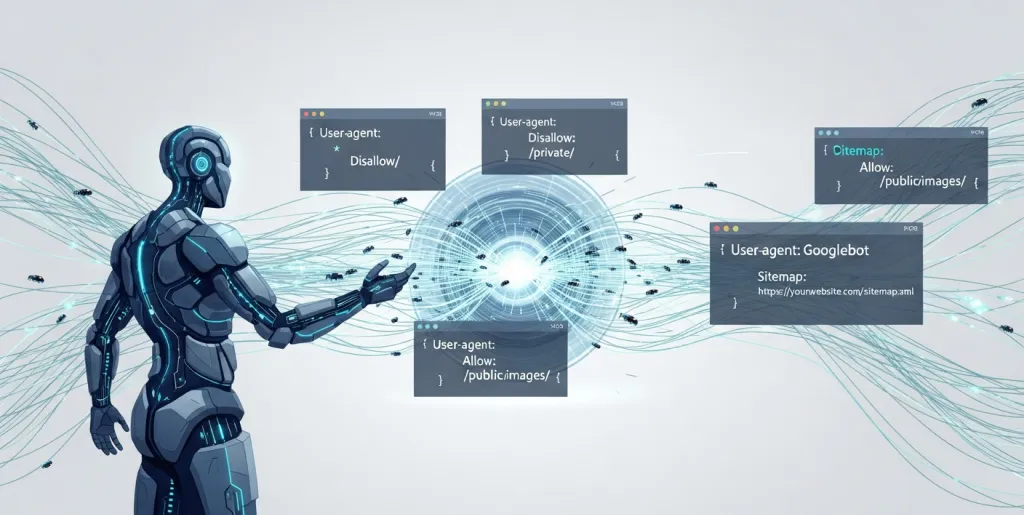 Conceptual digital illustration of web crawlers and robots.txt code directives in a high-tech blue environment
