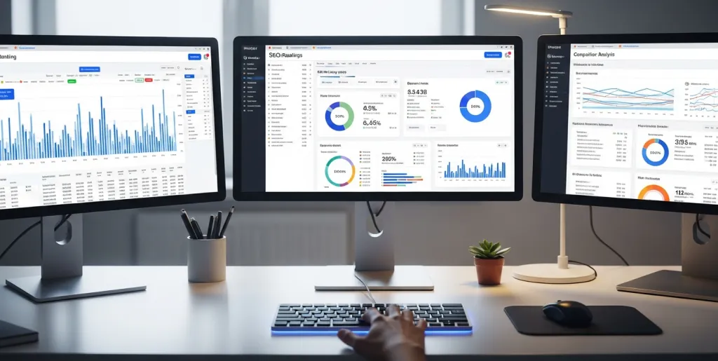 A sleek office desk with multiple monitors showing automated SEO reports, data visualizations, and performance dashboards