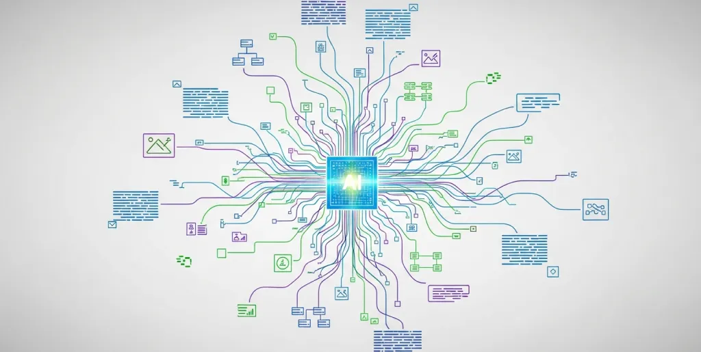 Abstract digital network with AI brain processing web content, symbolizing advanced technical SEO.