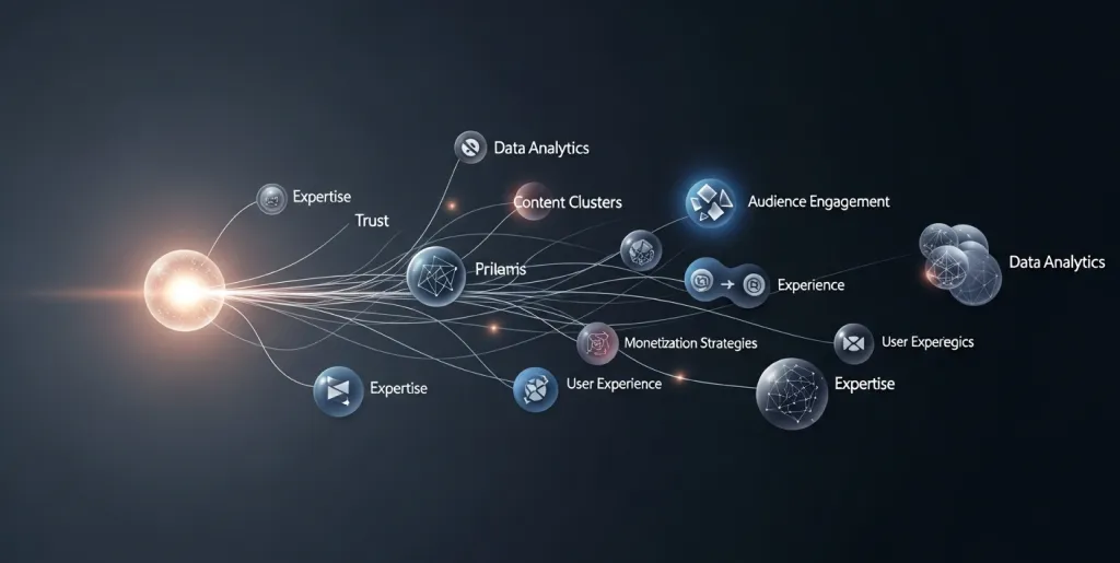 An illustration showing a central knowledge hub with interconnected content branches, symbolizing comprehensive topical authority.