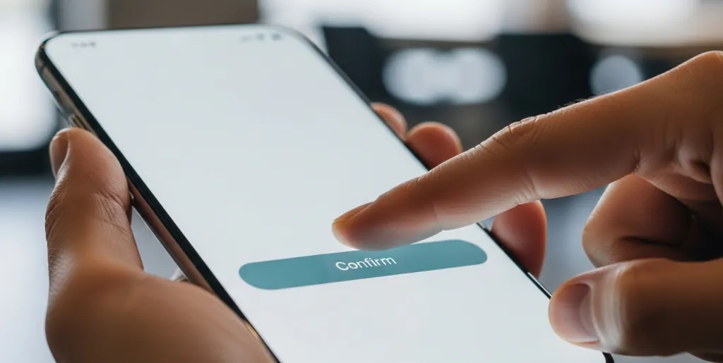 A thumb hovers over a large, well-spaced button on a smartphone, illustrating easy interaction