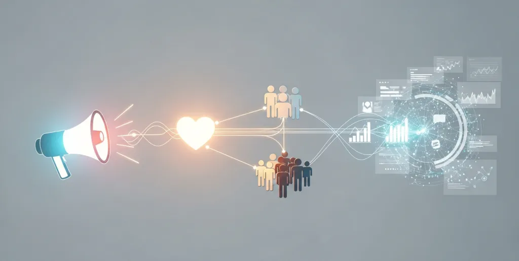 Digital illustration of glowing lines connecting marketing elements like a megaphone, heart, and people, symbolizing vibrant brand connection.