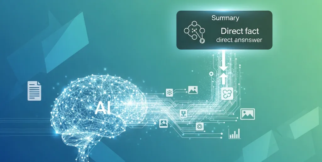 AI network synthesizing web data into a concise summary on a search results page